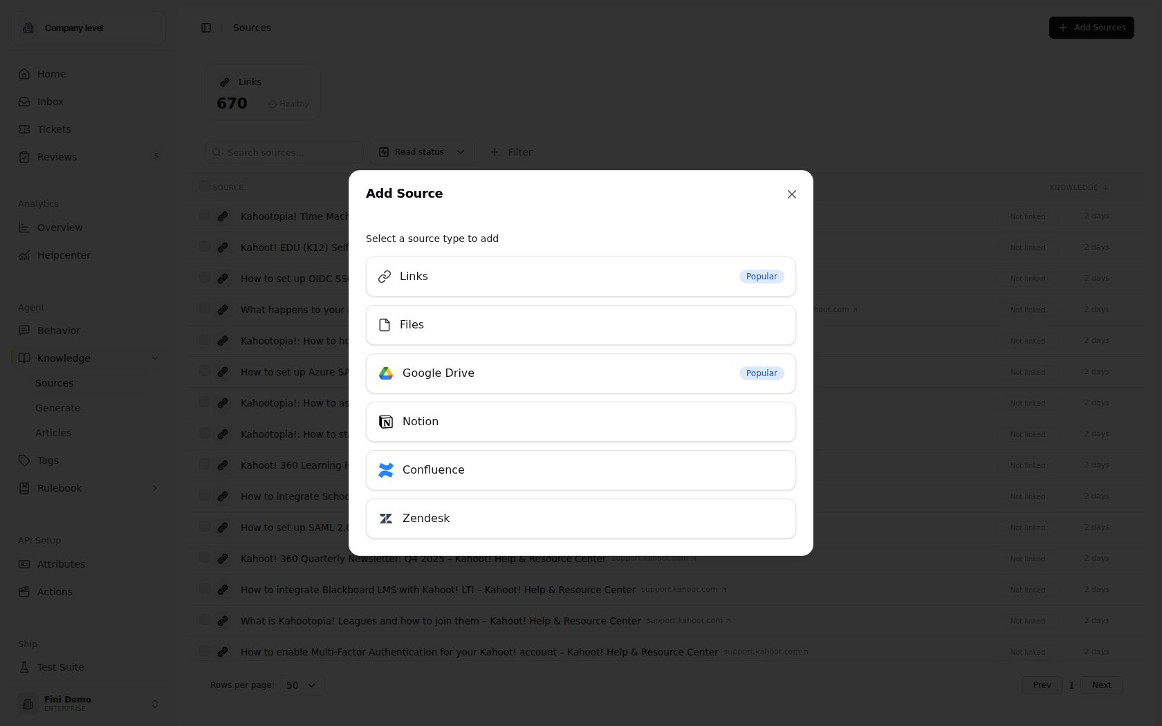 Add Source dialog with tiles for Links, Files, Google Drive, Notion, Confluence, Zendesk