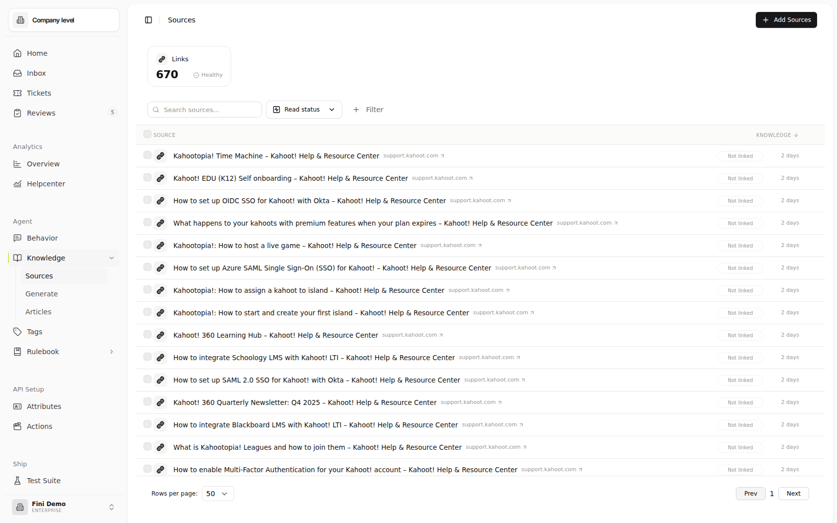 Sources page in the Fini Demo workspace showing a Links source summary card, search and Read status filters, the Add Sources button, and a table of Venmo help-center links already added to knowledge