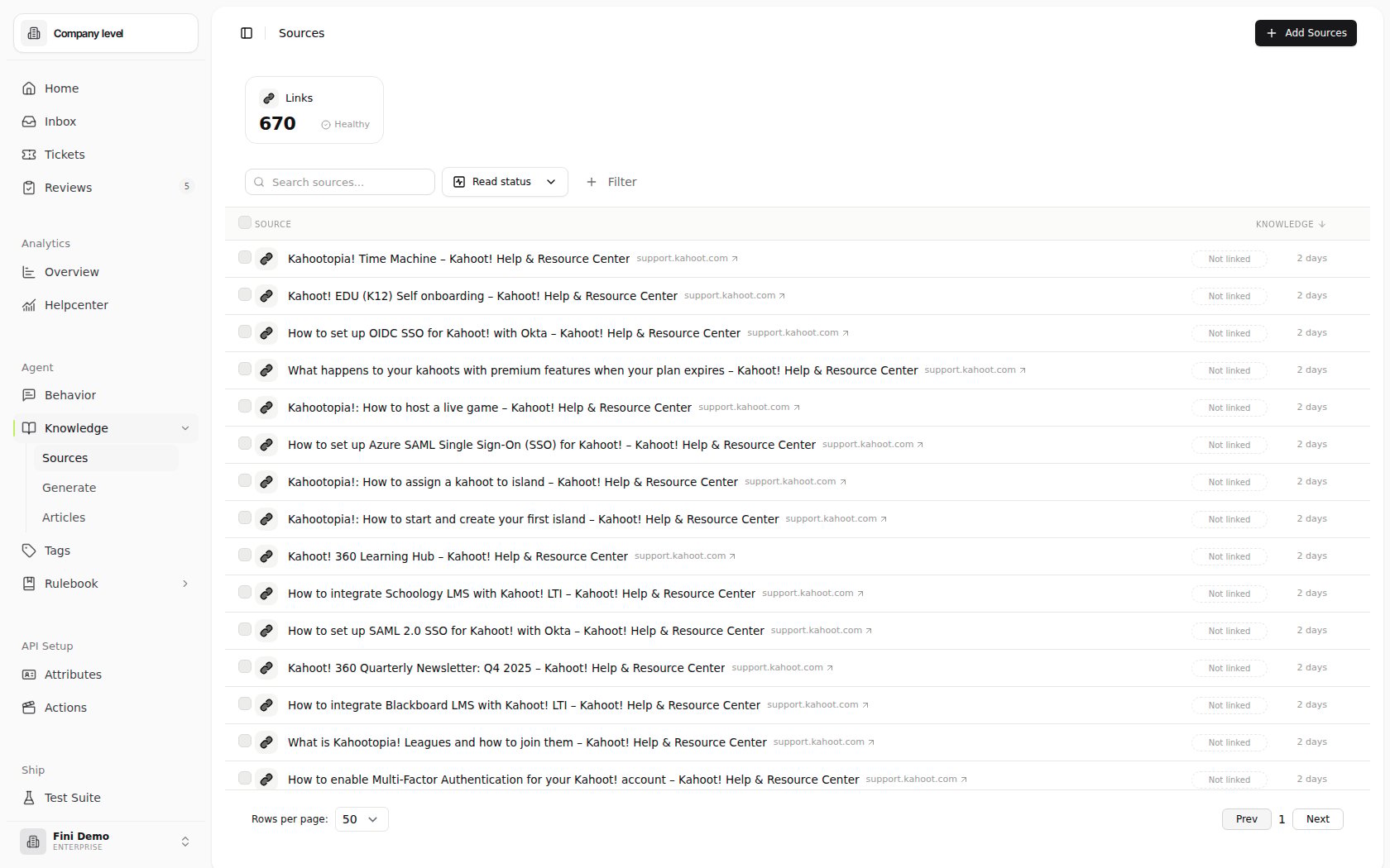 Sources page in the Fini Demo workspace showing a Links source summary card, search and Read status filters, the Add Sources button, and a table of Venmo help-center links already added to knowledge
