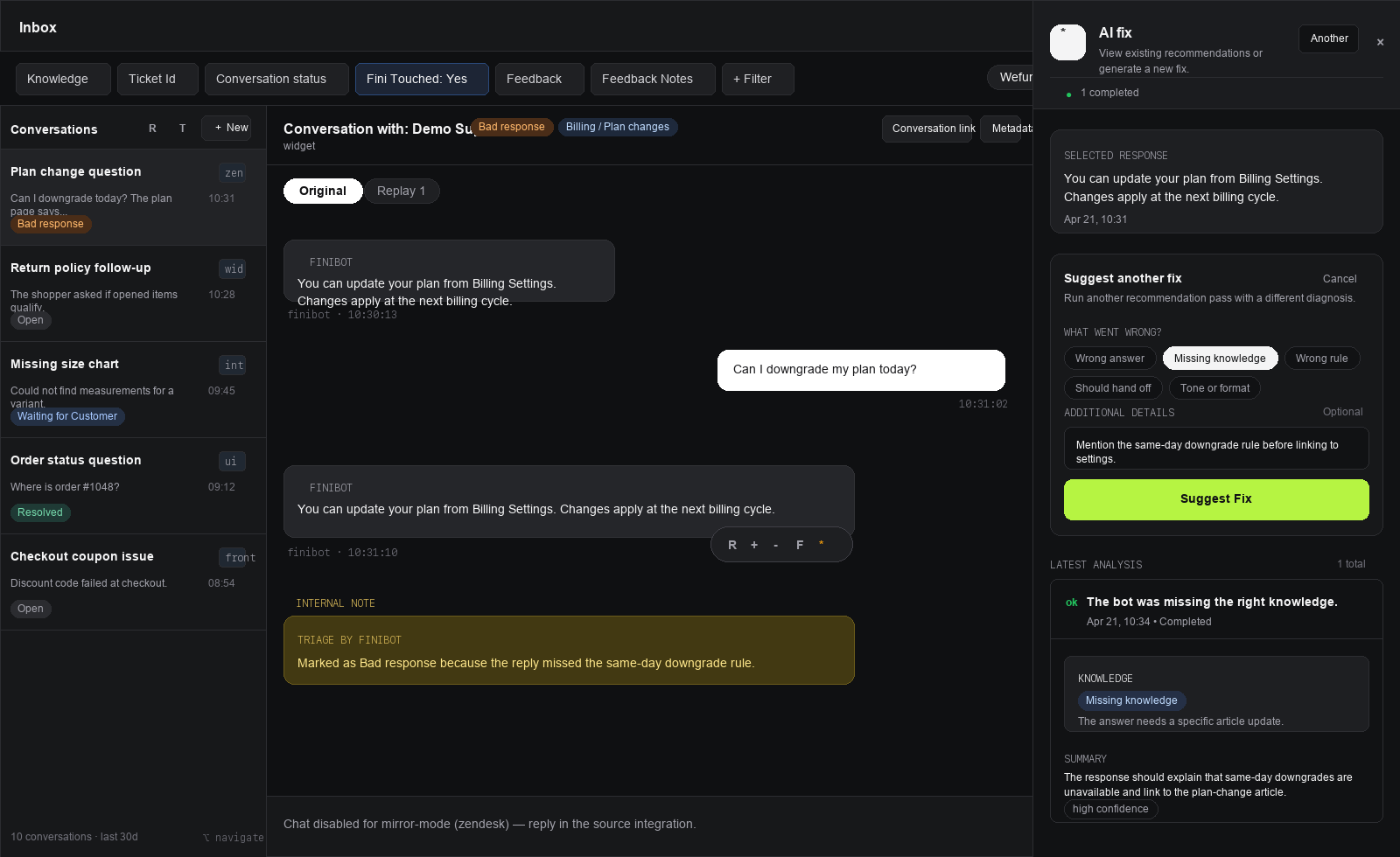 Synthetic Refine with AI review view showing a demo conversation, reviewer feedback, generation progress, and a suggested knowledge article change. The image uses illustrative data and no customer information.