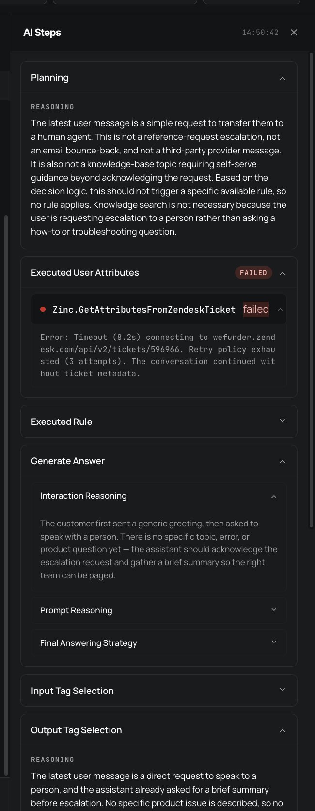 AI Steps sidebar with Planning expanded, Executed User Attributes marked failed, an API timeout message for a connected helpdesk attribute, Executed Rule collapsed, Generate Answer expanded, and Output Tag Selection showing the start of the model's reasoning