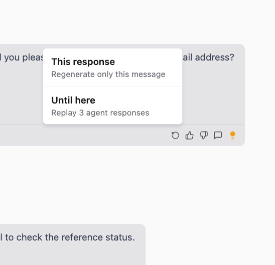 The AI Steps sidebar showing Planning collapsed, Executed User Attributes with Get Widget Attributes Final marked Success in green, Executed Rule listing six rule steps with red dots for failed Check nodes and green dots for passing nodes plus colored pills indicating node type Check Read Reply, Generate Answer collapsed, Input Tag Selection collapsed, and Output Tag Selection expanded with Reasoning paragraph plus Chosen Tags showing the Conversation Status category with Waiting for Customer pill