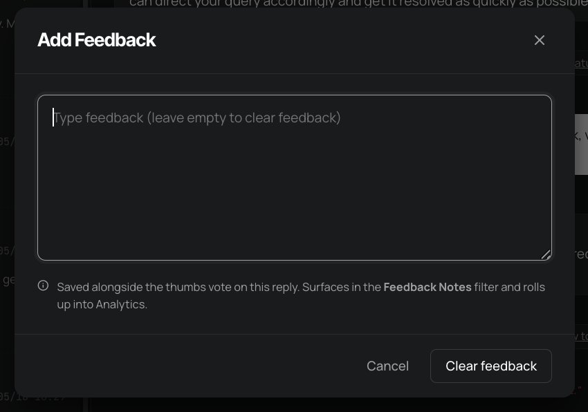 The Add Feedback modal showing a textarea with the placeholder text Type feedback (leave empty to clear feedback), with a helper note underneath reading Saved alongside the thumbs vote on this reply. Surfaces in the Feedback Notes filter and rolls up into Analytics, plus Cancel and Clear feedback action buttons