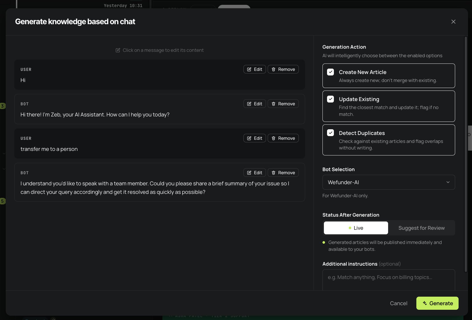 Generate knowledge based on chat modal with editable conversation messages, Generation Action options for Create New Article, Update Existing, and Detect Duplicates, Bot Selection, Status After Generation, Additional instructions, and Generate controls