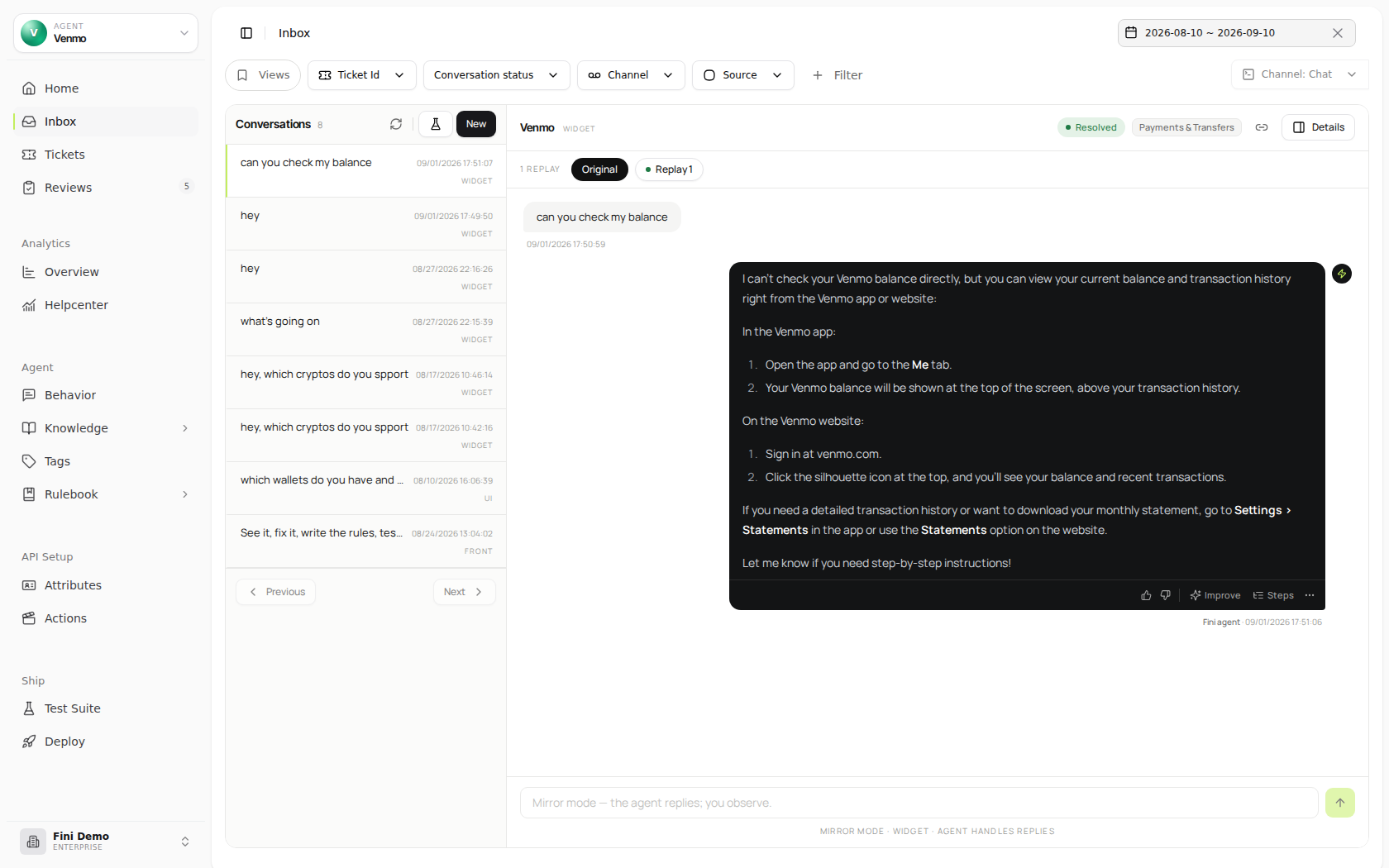 Inbox page in the Fini Demo workspace showing the selected agent, Ticket Id, Conversation status, Channel, Source, and date range filters, a conversations list and selected conversation with replay controls, Details, and message feedback