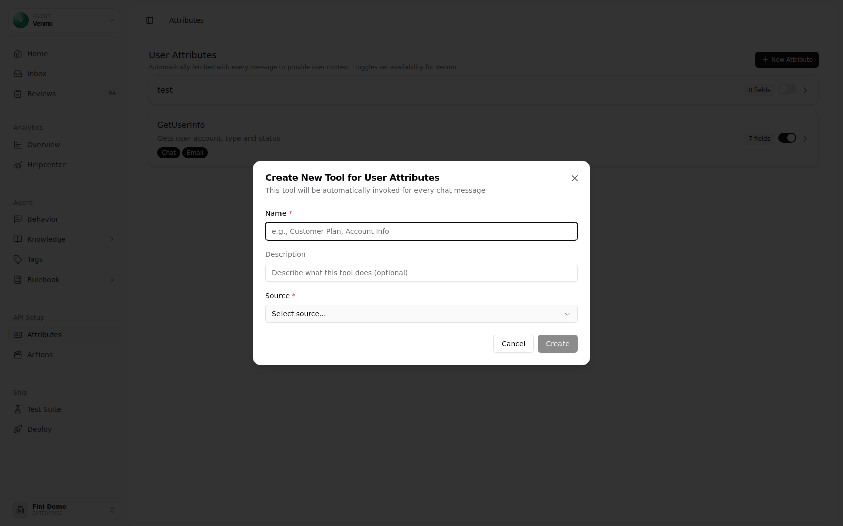 Create New Tool for User Attributes dialog showing Name, Description, Source, Cancel, and Create controls