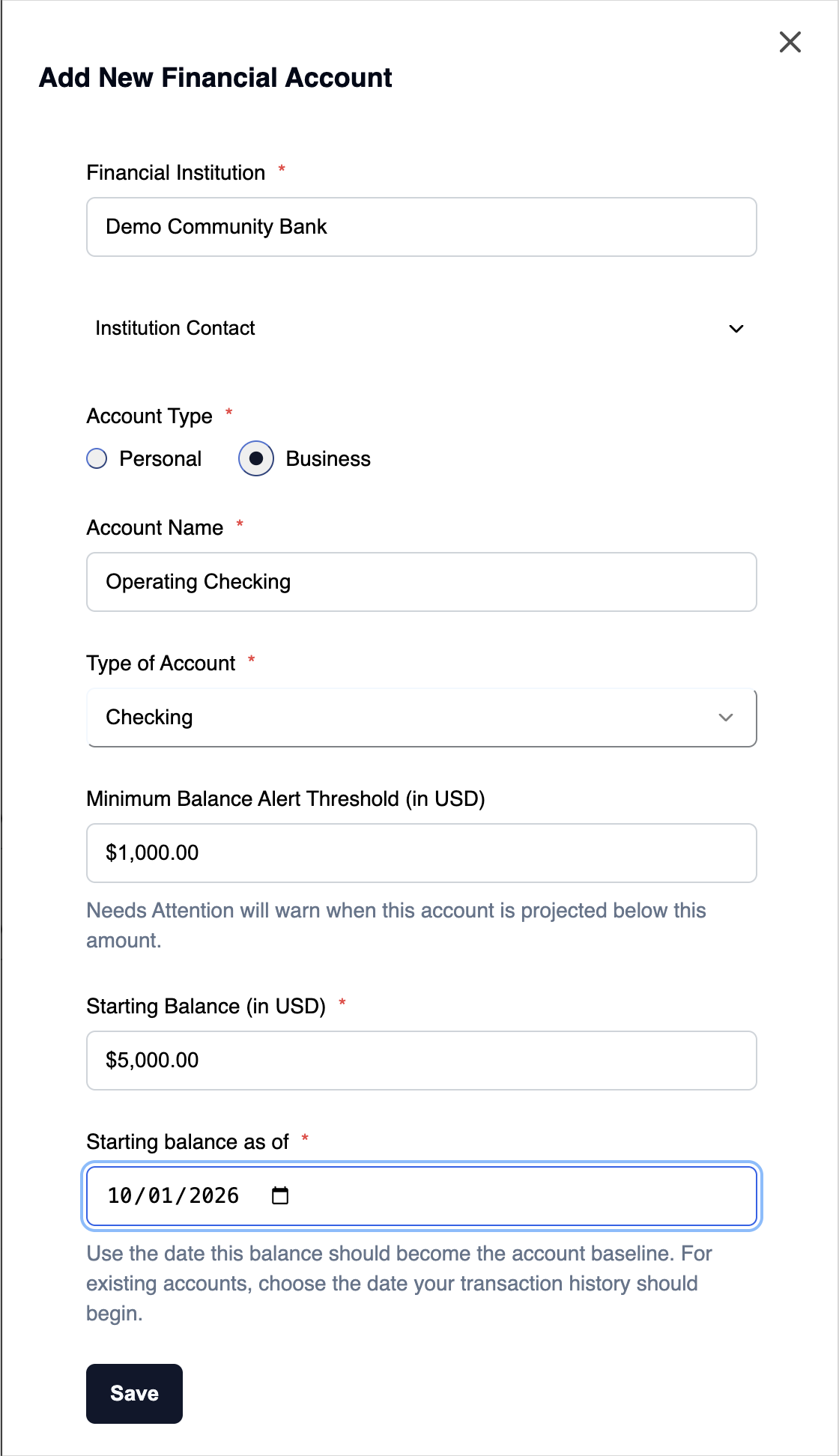 Add New Financial Account form filled in for a business checking account at Demo Community Bank, with a 1,000.00 minimum balance alert and a 5,000.00 starting balance