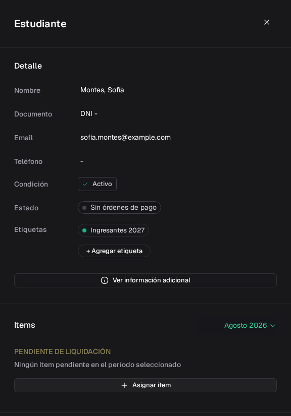 Perfil de Sofía Montes en Colegio Modelo, activa, sin órdenes de pago y con la etiqueta Ingresantes 2027