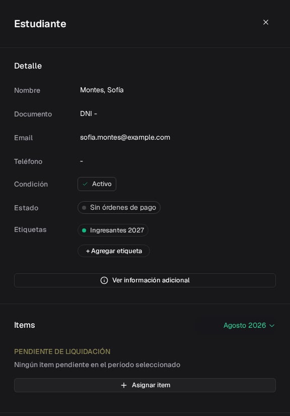 Perfil de Sofía Montes en Colegio Modelo, activa, sin órdenes de pago y con la etiqueta Ingresantes 2027