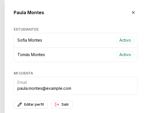 Perfil del Portal de Contacto con Paula Montes y los estudiantes Sofía y Tomás