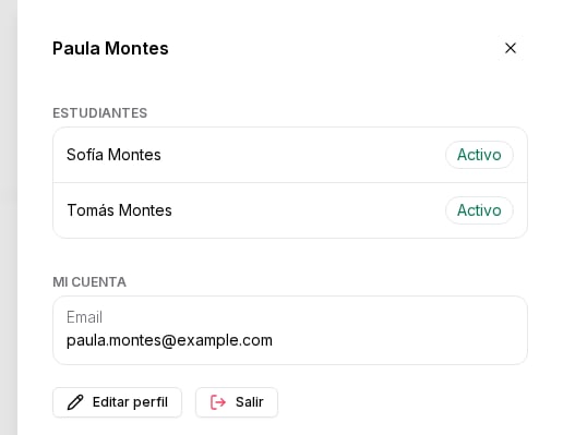 Perfil del Portal de Contacto con Paula Montes y los estudiantes Sofía y Tomás