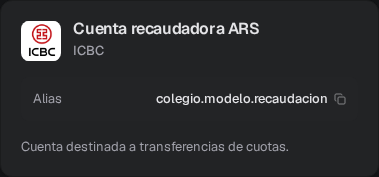 Tarjeta de la Cuenta recaudadora ARS de ICBC con alias y descripción