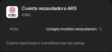 Tarjeta de la Cuenta recaudadora ARS de ICBC con alias y descripción