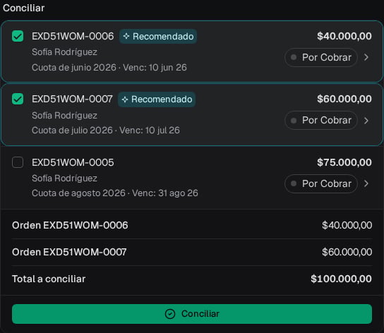 Dos cuotas de junio y julio de Sofía Rodríguez seleccionadas para conciliar una transferencia de cien mil pesos
