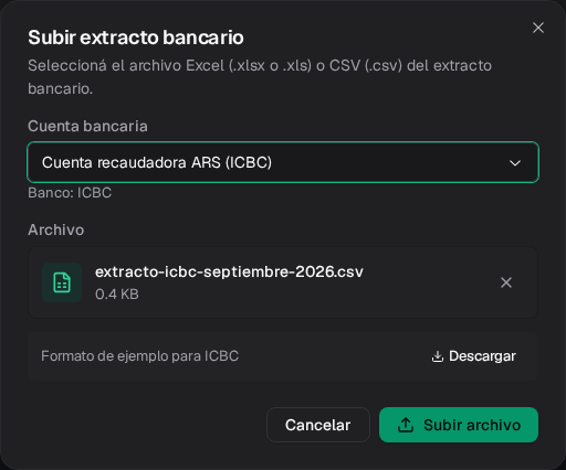 Diálogo de carga con la Cuenta recaudadora ARS y un extracto CSV de septiembre seleccionado