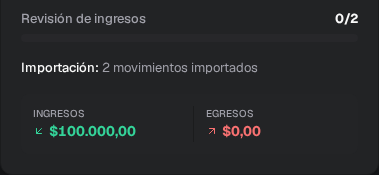 Revisión de ingresos en cero de dos, con dos movimientos importados y cien mil pesos de ingresos