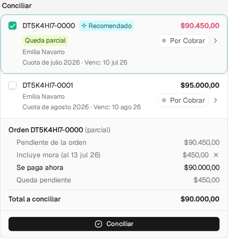 Orden por noventa mil cuatrocientos cincuenta pesos con cuatrocientos cincuenta pesos de mora calculada al 13 de julio