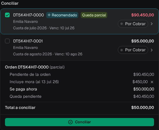 Pago parcial de cincuenta mil pesos sobre una cuota de julio con cuatrocientos cincuenta pesos de mora congelada al 13 de julio