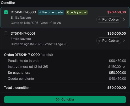 Pago parcial de cincuenta mil pesos sobre una cuota de julio con cuatrocientos cincuenta pesos de mora congelada al 13 de julio