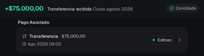 Movimiento en estado Conciliada con un pago por transferencia asociado