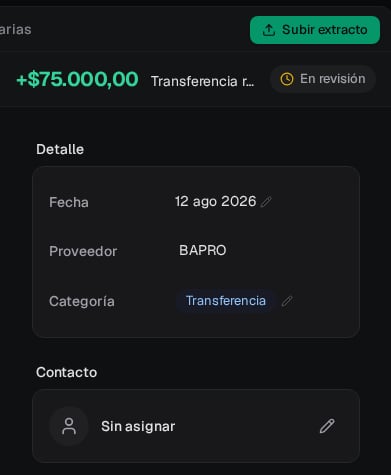 Movimiento de ingreso por setenta y cinco mil pesos en estado En revisión y sin contacto asignado