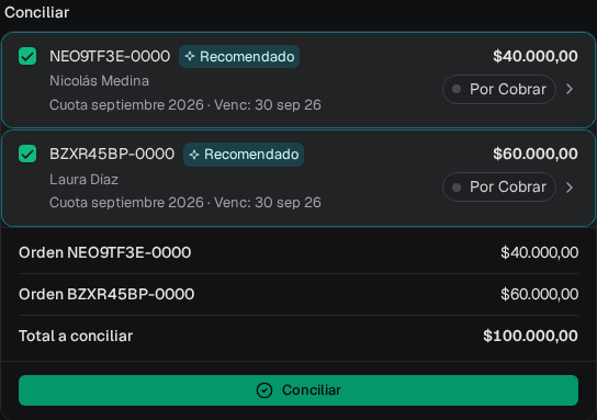 Dos órdenes de personas diferentes seleccionadas para conciliar una transferencia exacta de cien mil pesos