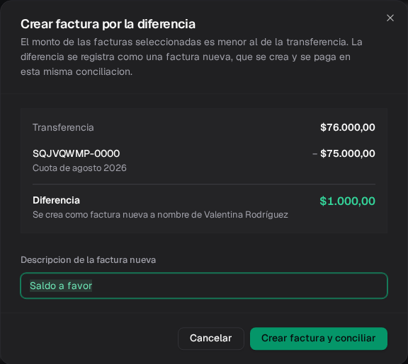 Diálogo para crear una factura Saldo a favor de mil pesos a nombre de Valentina Rodríguez