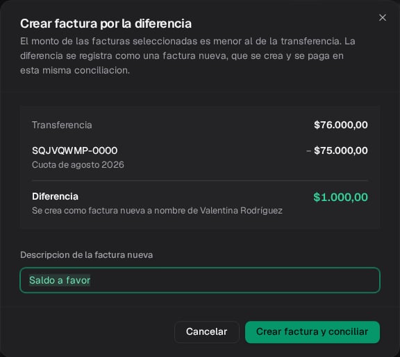 Diálogo para crear una factura Saldo a favor de mil pesos a nombre de Valentina Rodríguez