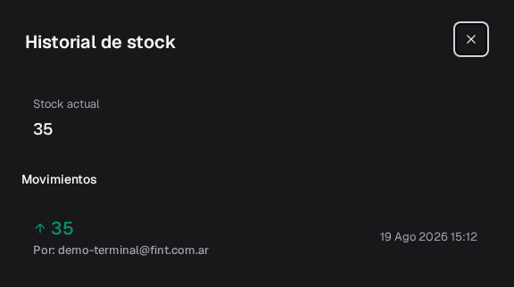 Historial de stock del buzo: stock actual 35 y un alta de 35 hecha por un administrador