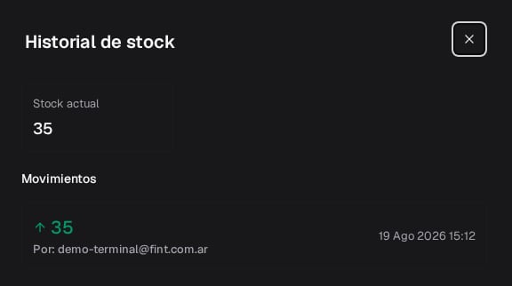 Historial de stock del buzo: stock actual 35 y un alta de 35 hecha por un administrador