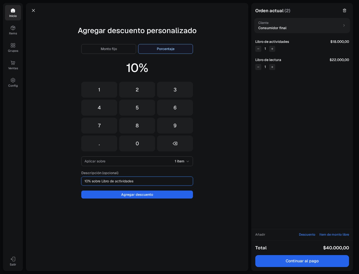 Descuento personalizado del diez por ciento aplicado a un producto