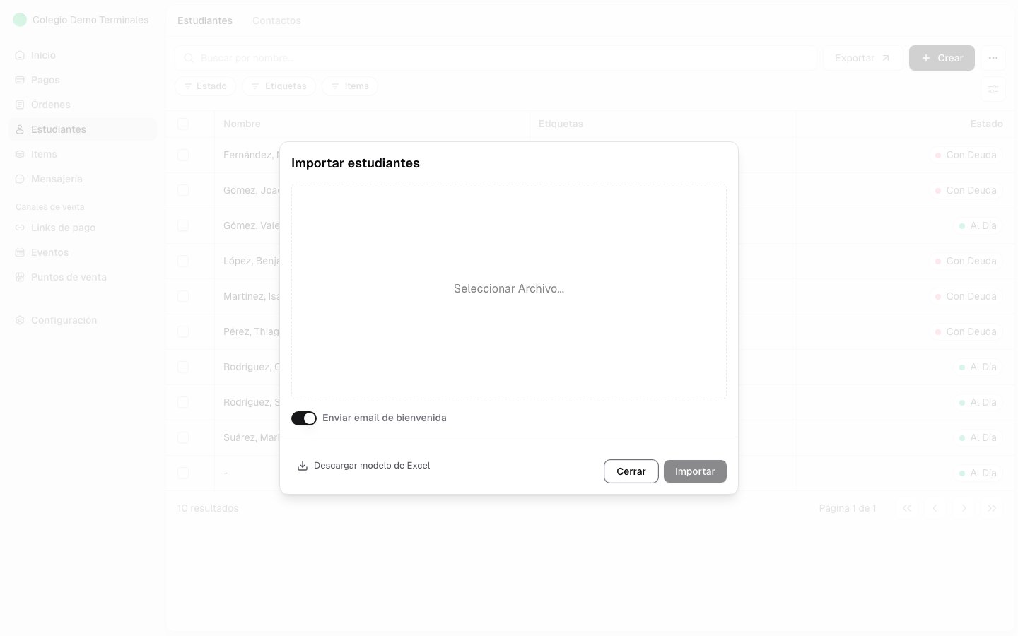 Modal de importación de clientes desde Excel