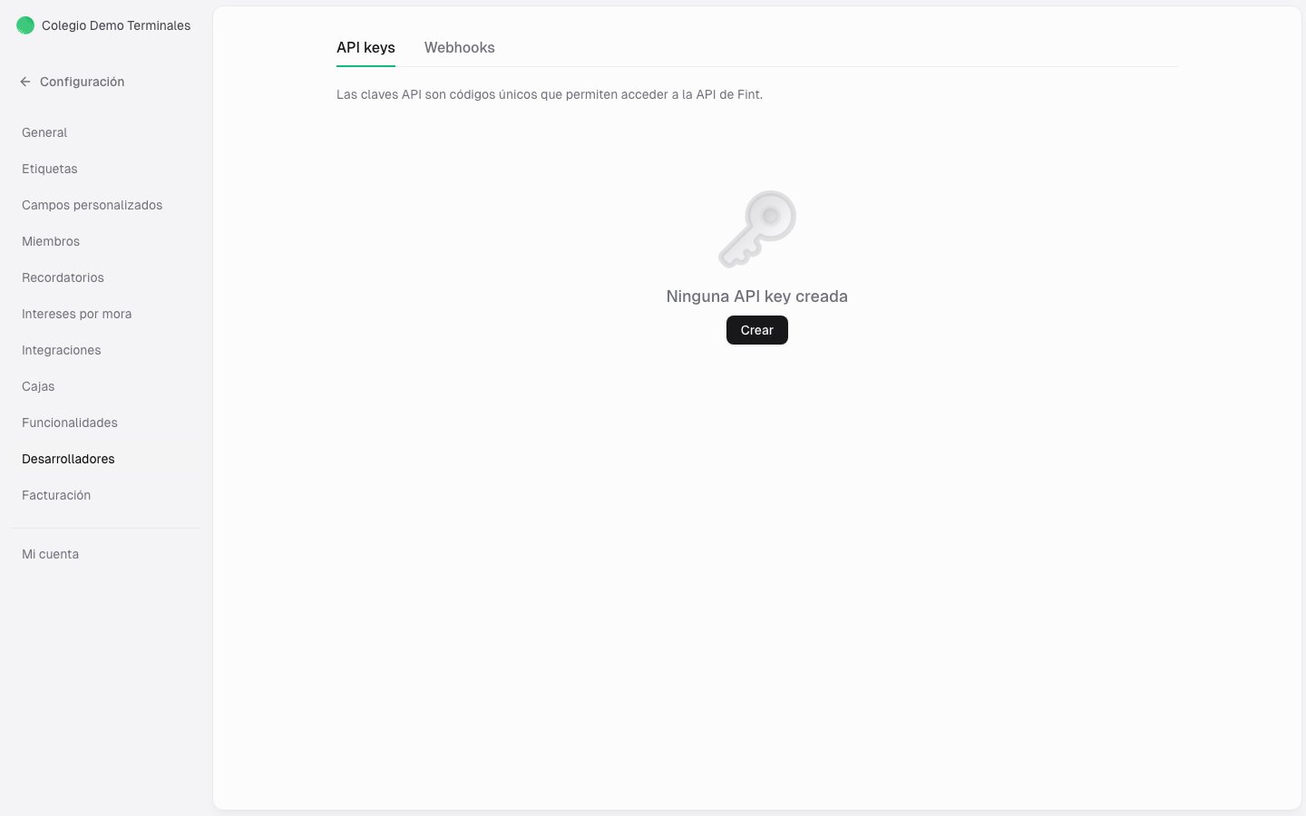 Pestaña API keys en Desarrolladores