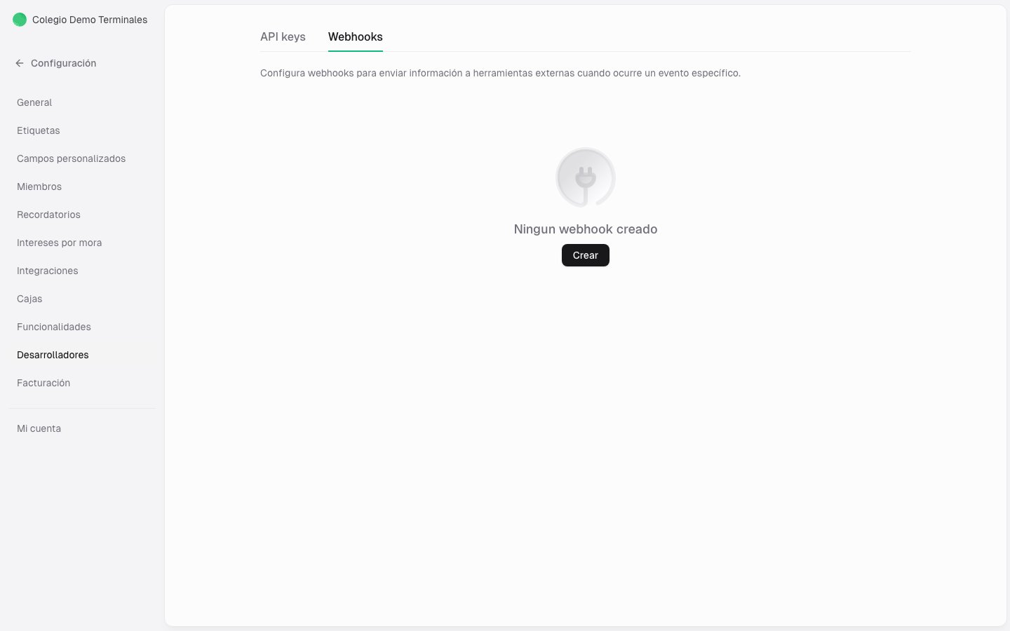 Pestaña Webhooks en Desarrolladores