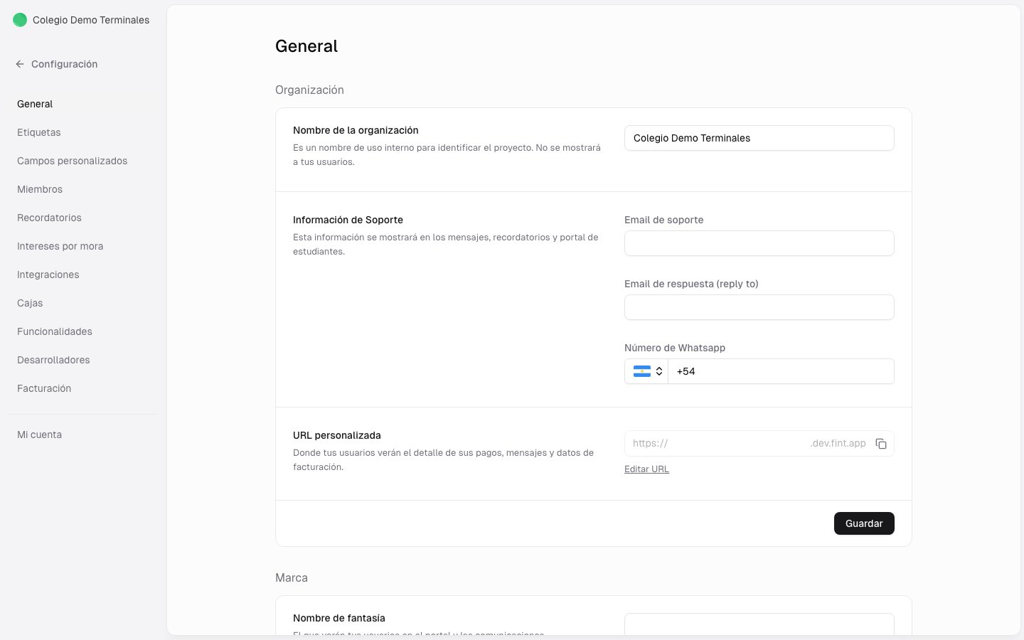 Configuración general: nombre de la organización, información de soporte y URL personalizada