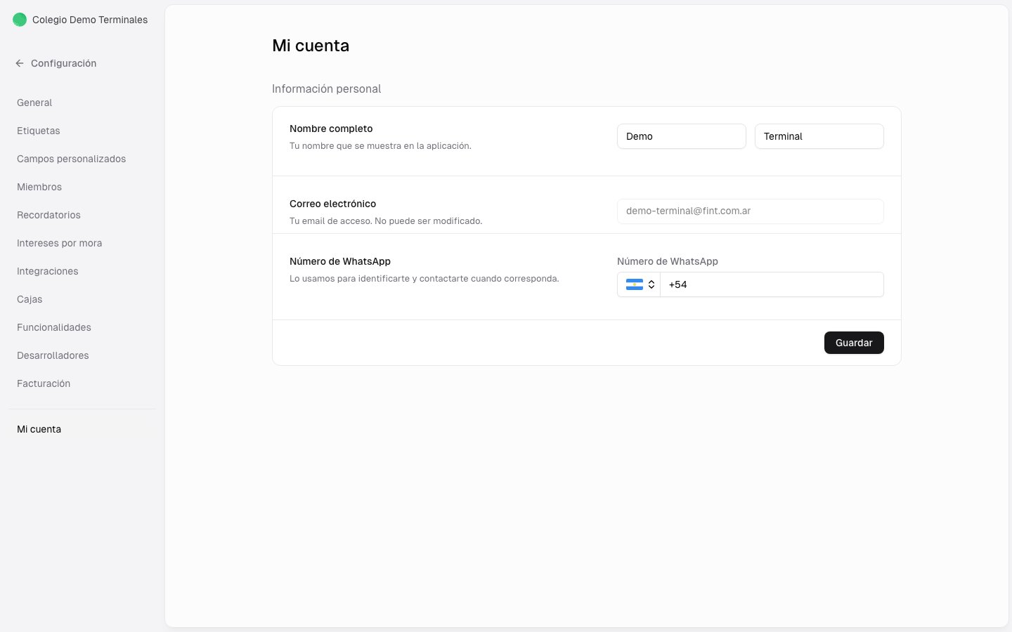 Mi cuenta: información personal del administrador