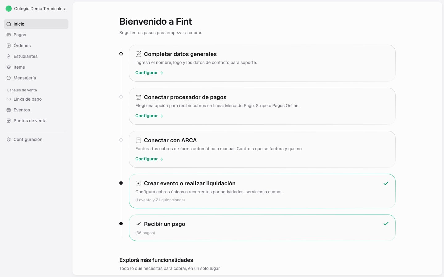 Checklist de primeros pasos del panel de inicio