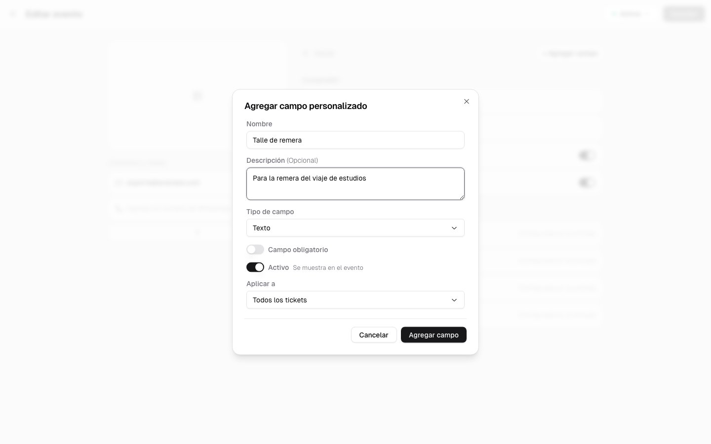 Modal para agregar un campo personalizado al evento