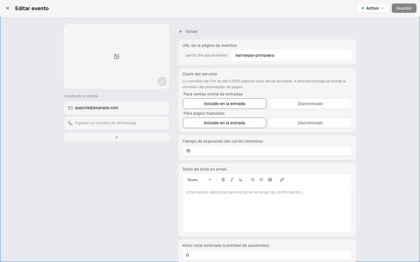 Configuración del evento: URL, costo del servicio, expiración del carrito