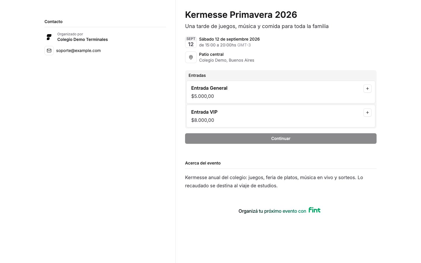 Página pública del evento con las entradas a la venta