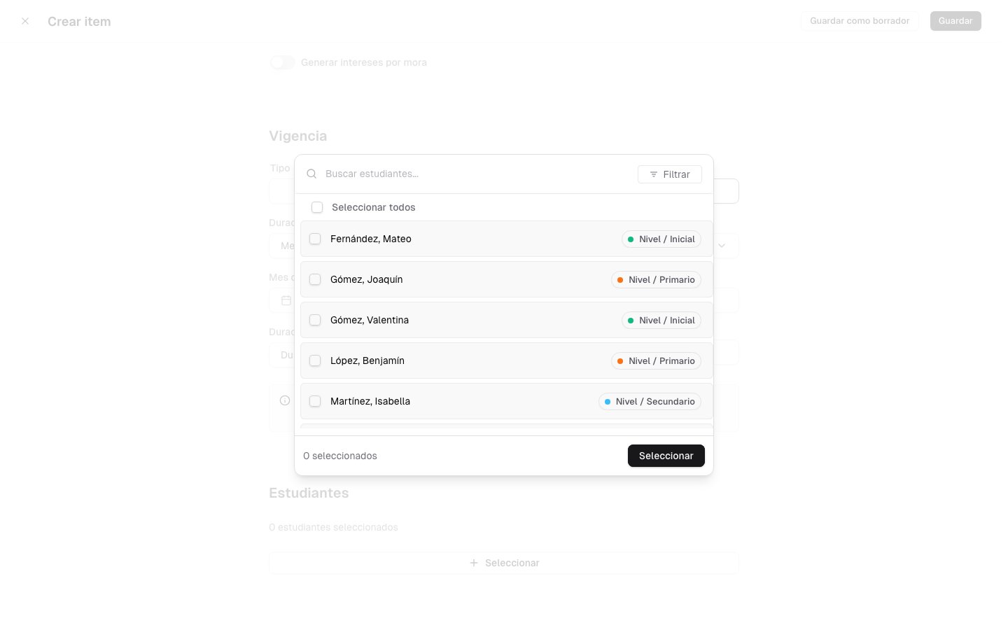 Selector de clientes con filtro por etiquetas al asignar un item de liquidación