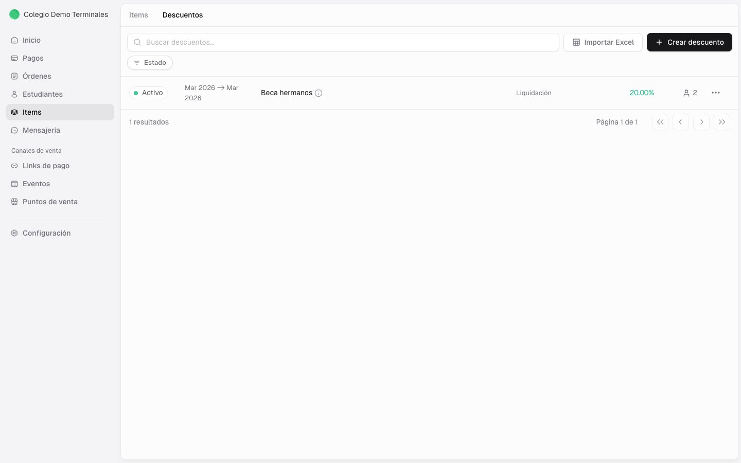 Listado de descuentos con porcentaje y clientes asignados