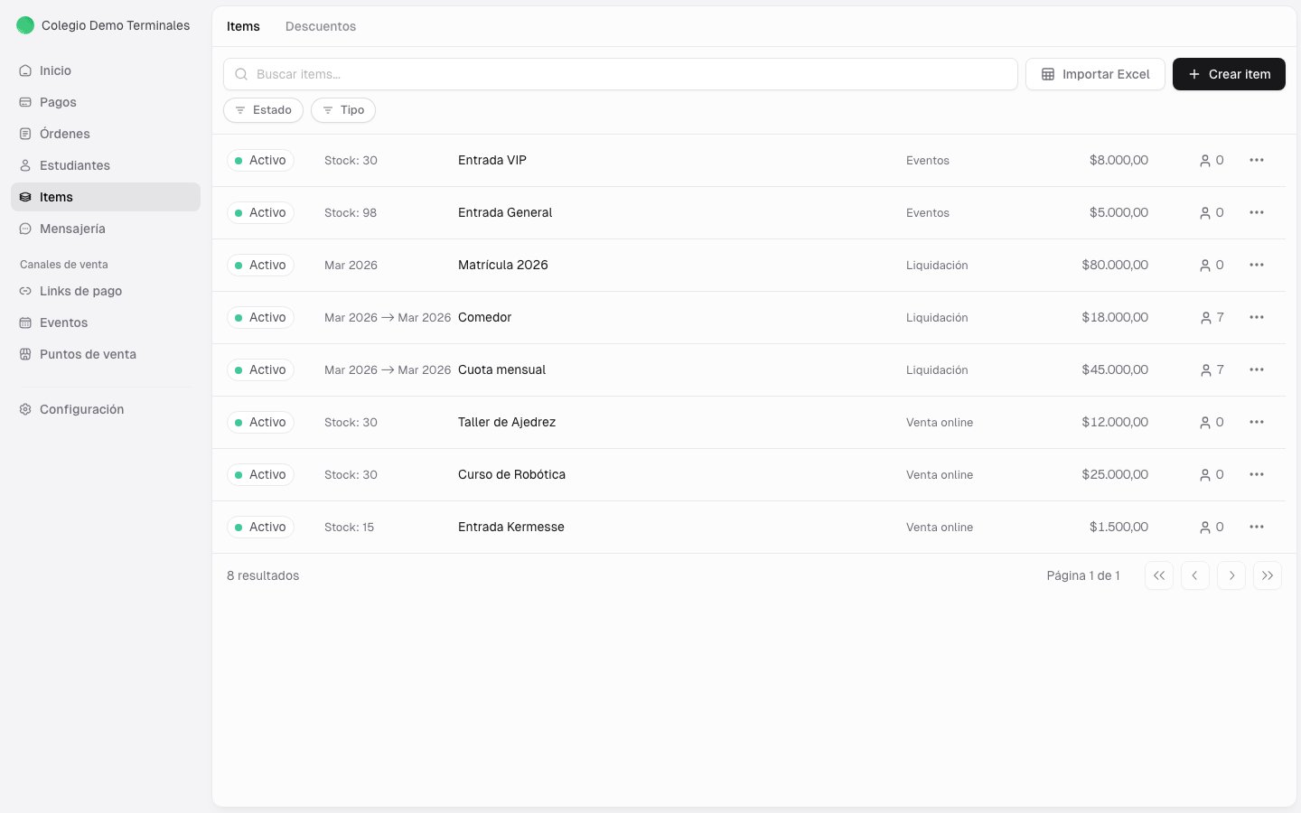 Listado de items: cuotas de liquidación y productos de venta online, con estado y stock
