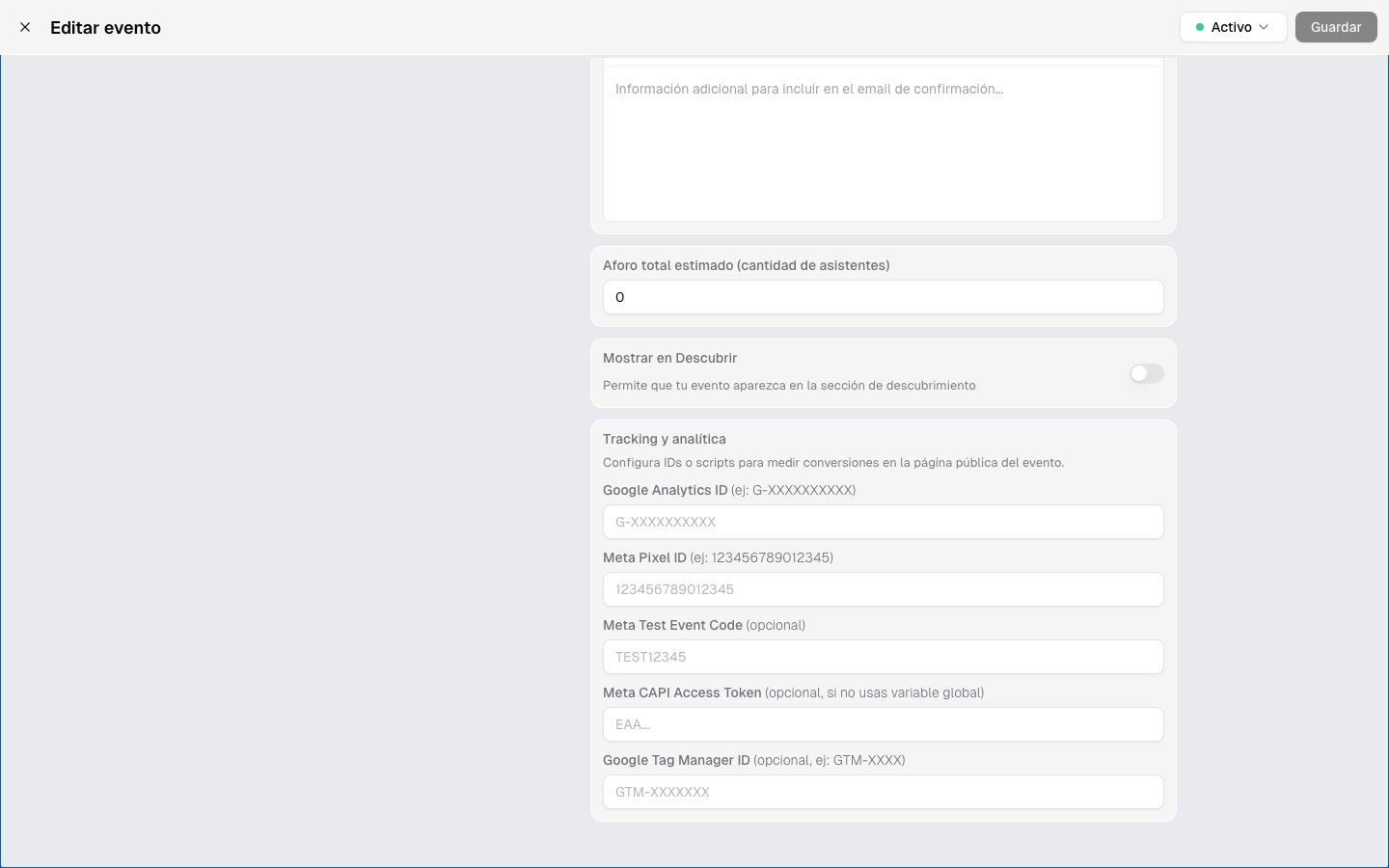 Sección Tracking y analítica en la configuración del evento