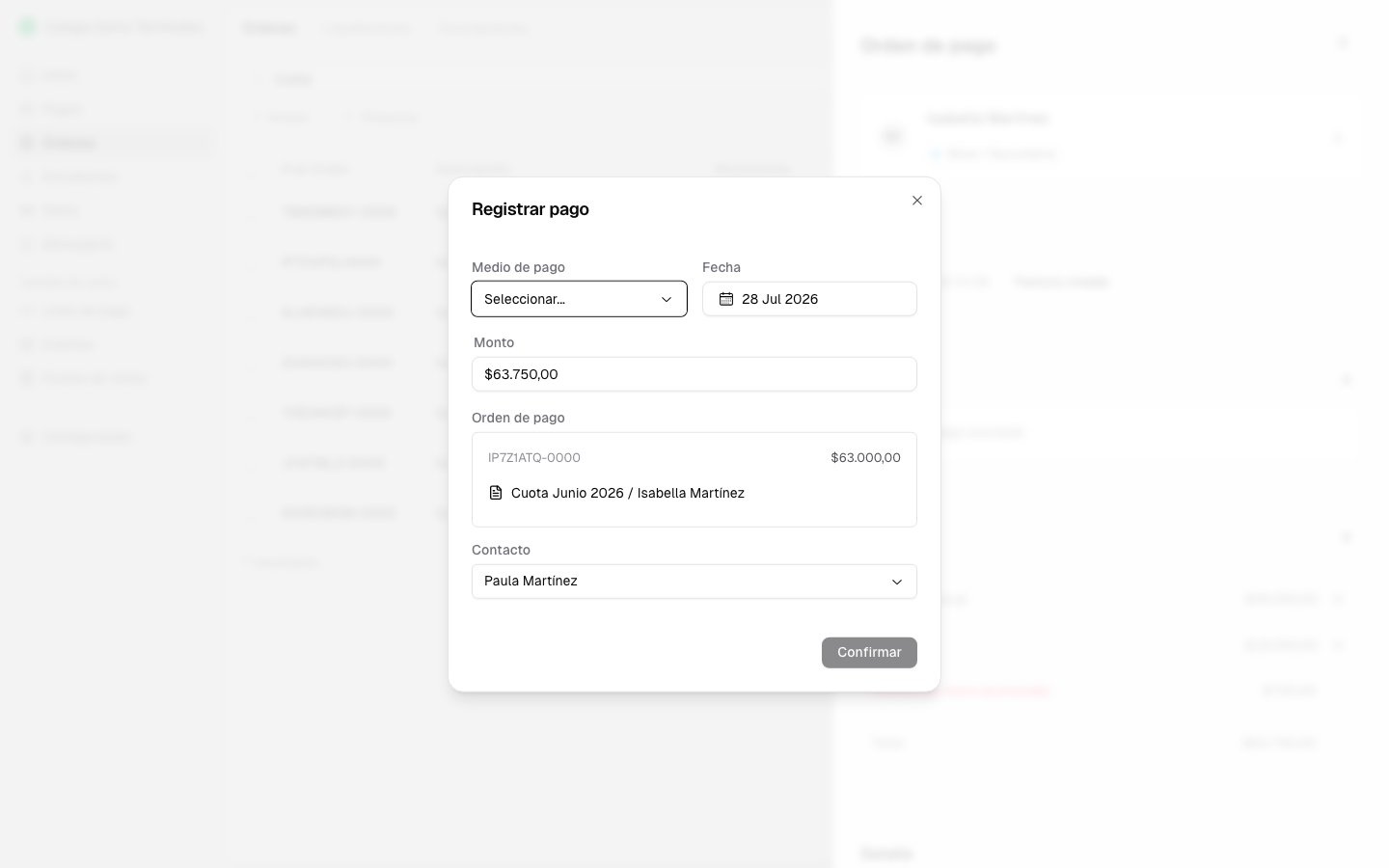 Modal Registrar pago con el monto pendiente precargado