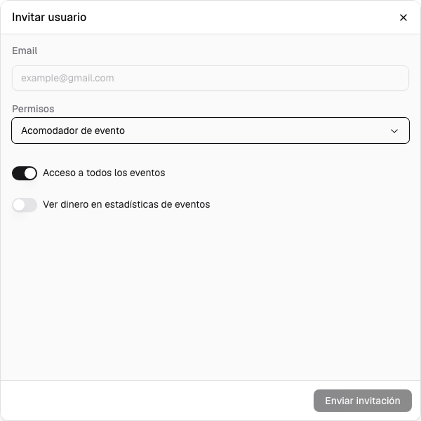 Invitación de un acomodador con permisos de eventos y visibilidad de estadísticas