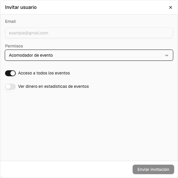 Invitación de un acomodador con permisos de eventos y visibilidad de estadísticas
