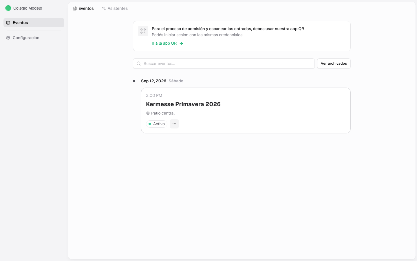 Vista del acomodador con acceso a Eventos, Asistentes y Configuración, sin Punto de Venta