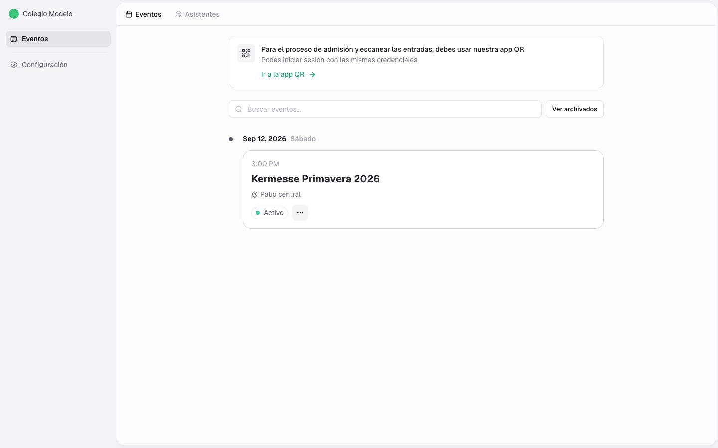 Vista del acomodador con acceso a Eventos, Asistentes y Configuración, sin Punto de Venta