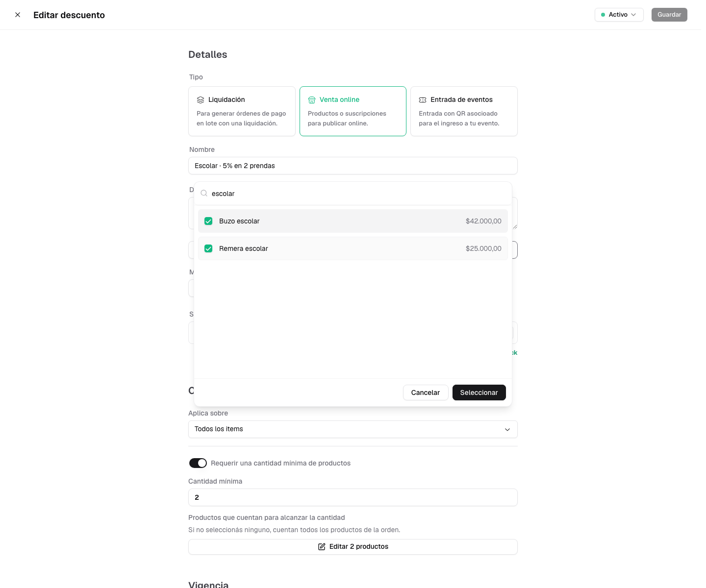 Descuento del cinco por ciento con mínimo de dos productos y Remera escolar y Buzo escolar como calificadores